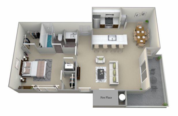 Floor plan for 1 bed, 1 bath, 700 sqft
